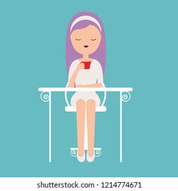Vector of a girl with lilac hair having a tea / coffee on a very pretty little table.