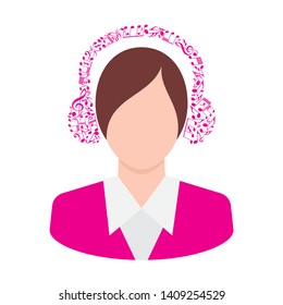 Vector girl listen music with headphones composed of musical notes. Isolated white background.