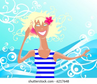 vector girl listening to seashell
