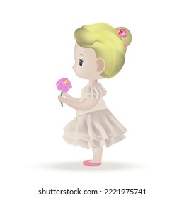 Vector girl. Little girl in white dress. Happy child, cartoon character. Blond girl in profile. 3d people illustration. 