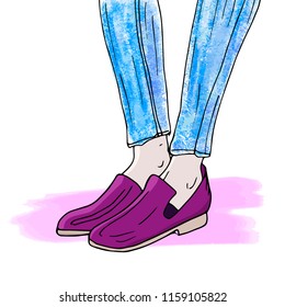 Vector girl in loafers. Fashion illustration. Female legs in jeans in shoes. Fashionable image. Fashionable women. Life style.
