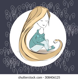 vector of girl with long hair and in pajamas 