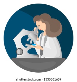 vector girl looks through the eyepiece, a female scientist with a microscope, a researcher in a white coat examines samples under a microscope