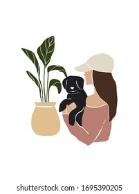 Vector girl love her dog vector poster with plant