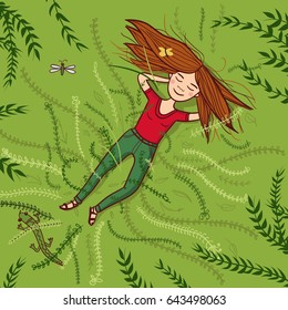 Vector girl lying on grass summer illustration. Can be used and printed as card, postcard, placard, poster, invitation