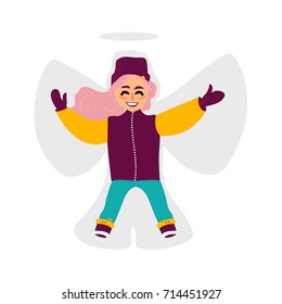 vector girl lying in the snow making snow angel. Flat cartoon isolated illustration on a white background. Kid having fun with snow outdoors. Winter children activity concept