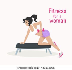 Vector girl makes exercises with dumbbells on bench. Flat, cartoon style woman does sports, working out her shoulder muscles. fitness, active lifestyle illustration. Print banner poster design element