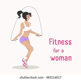 Vector girl makes skipping rope exercises . Flat cartoon style Woman does sports workout,cardio training . Fitness, active lifestyle illustration. Print, banner, poster, advertisement design element