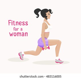 Vector girl makes squad exercises with dumbbells. Flat cartoon style Woman does sports workout. Fitness, active lifestyle illustration. Print, banner, poster, advertisement design element