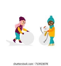 vector girl making big snowball, boy making snowman smiling set. Flat cartoon illustration isolated on a white background. Kids characters having fun outdoors. Winter children activity concept