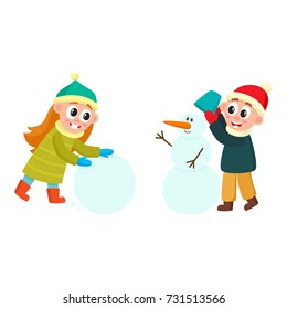 vector girl making big snowball, boy making snowman smiling set. Flat cartoon illustration isolated on a white background. Kids characters having fun outdoors. Winter children activity concept