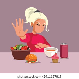 
Vector Girl Making Full Stomach Gesture Unable to Eat More. Teen suffering from an eating disorder being restrictive with food 
