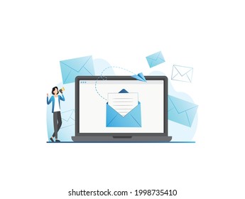 Vector girl with megaphone, loudspeaker sends, receives new message, sms, letter in envelope on social networks on laptop. Woman and correspondence, communication on Internet on website, by e-mail.