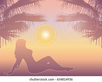 vector girl on the beach in the setting sun. silhouettes of palm trees in the background. the sun in the form of orange