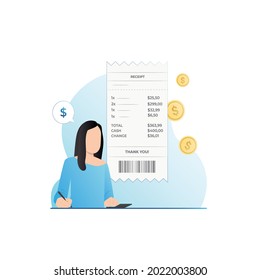 Vector girl on calculator counts expenses, costs in receipts for purchases in store, receipts, invoices, interest in taxes, loans. Balance. Successful financial check transaction at bank.