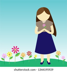vector girl on green field with beautiful flowers and sky blue happy moment beautiful landscape