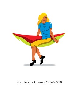 Vector Girl on a Hammock Cartoon Illustration. Nice young lady in hummock. Branding Identity Corporate unusual Logo isolated on a white background