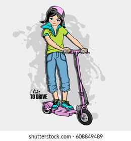 Vector girl on a pink kick scooter. Hand drawn illustration of dressed girl. 