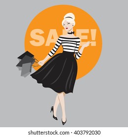Vector girl on shopping. Sale illustration. Girl on sale.