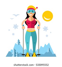 Vector Girl on skis. Flat style colorful Cartoon illustration.