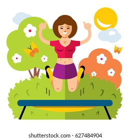 Vector Girl on a Trampoline. Flat style colorful Cartoon illustration.