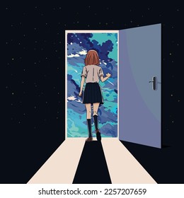 Vector girl opens the door and behind it is a blue cloud