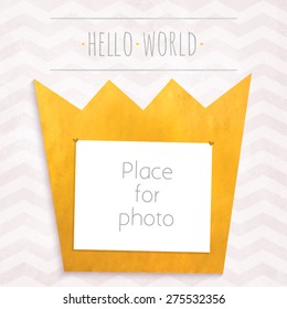 Vector girl page photo gold crown frame for album scrapbooking. Design template with gray watercolor background with zigzag pattern