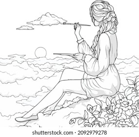 a vector of a girl painting a scene of a sunset that she is a part of. black and white line art.