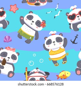 vector girl panda beach set of illustrations