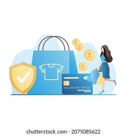 Vector girl with paper bags from online store contactlessly paid for purchases, placed order with debit, credit card, gold coins, money. Successful banking transaction, operation, transfer
in Internet