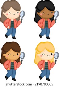 a vector of a girl peering through a magnifying glass