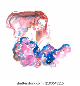 Vector girl with pink hair on the cloud. Female fairy tale illustration.