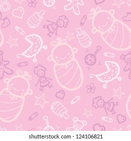 Vector girl pink seamless pattern background with hand drawn elements.