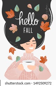 Vector girl in a pink sweater drinks a cup of tea or coffee with autumn leaves. Postcard design with a young brunette-haired cheerful girl and the inscription Hello Fall