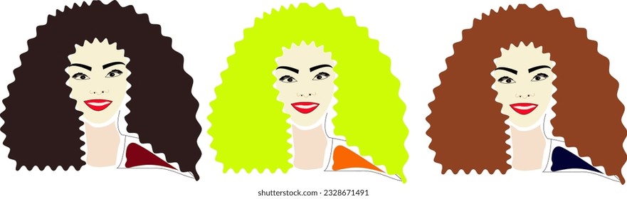 Vector girl portrait with long hair close up. Multicolor portrait set of a women - blonde, brunette, brown-haired. Female smile, red lips