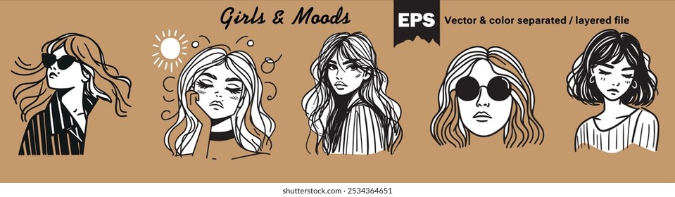 Vector girl portraits in different poses and moods, artistic fashion style ink drawings with 2 colors eps file with separated two color layers great for magazine posts, stickers, sublimation series