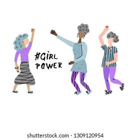 Vector girl power concept with characters. Young women in flat style.