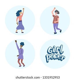 Vector girl power concept with characters. Young women and lettering in flat style.