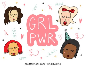 Vector Girl power hand lettering illustration feminist motivational slogan. Girly inscription phrase concept for print, postcard, posters card,banner. Woman rights. Drawn inspirational quote. EPS 10