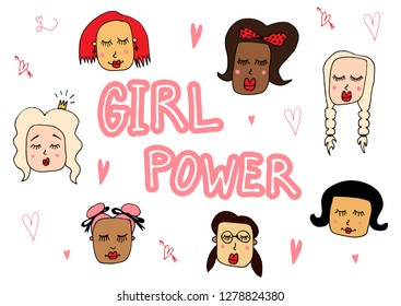 Vector Girl power hand lettering illustration feminist motivational slogan. Girly inscription phrase concept for print, postcard, posters card,banner. Woman rights. Drawn inspirational quote. EPS 10
