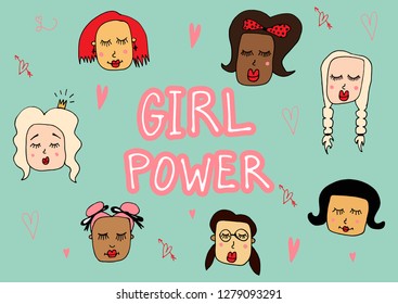 Vector Girl power hand lettering illustration feminist motivational slogan. Girly inscription phrase concept for print, postcard, posters card,banner. Woman rights. Drawn inspirational quote. EPS 10