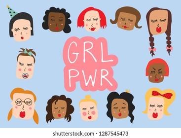 Vector Girl power hand lettering illustration feminist motivational slogan. Girly inscription phrase concept for print, postcard, posters card,banner. Woman rights. Drawn inspirational quote. EPS 10
