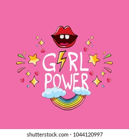 vector girl power label or sticker with calligraphic text isolated on pink background. woman feminism concept illustration or poster with slogan.