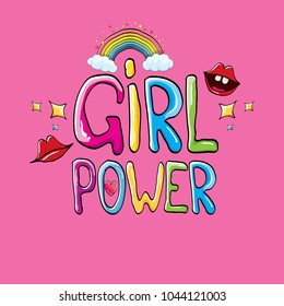 vector girl power label or sticker with calligraphic text isolated on pink background. woman feminism concept illustration or poster with slogan.