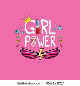 vector girl power label or sticker with calligraphic text isolated on pink background. woman feminism concept illustration or poster with slogan.