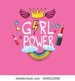 vector girl power label or sticker with calligraphic text isolated on pink background. woman feminism concept illustration or poster with slogan.