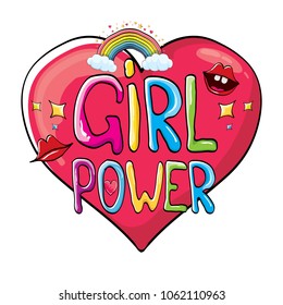 vector girl power label or sticker with calligraphic text on pink heart isolated on white background. woman feminism concept illustration or poster with slogan.