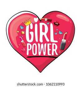 vector girl power label or sticker with calligraphic text on pink heart isolated on white background. woman feminism concept illustration or poster with slogan.
