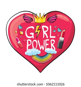 vector girl power label or sticker with calligraphic text on pink heart isolated on white background. woman feminism concept illustration or poster with slogan.