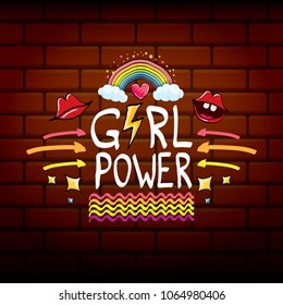 vector girl power label or sticker with calligraphic text on red brick wall background. woman feminism concept illustration or poster with slogan.